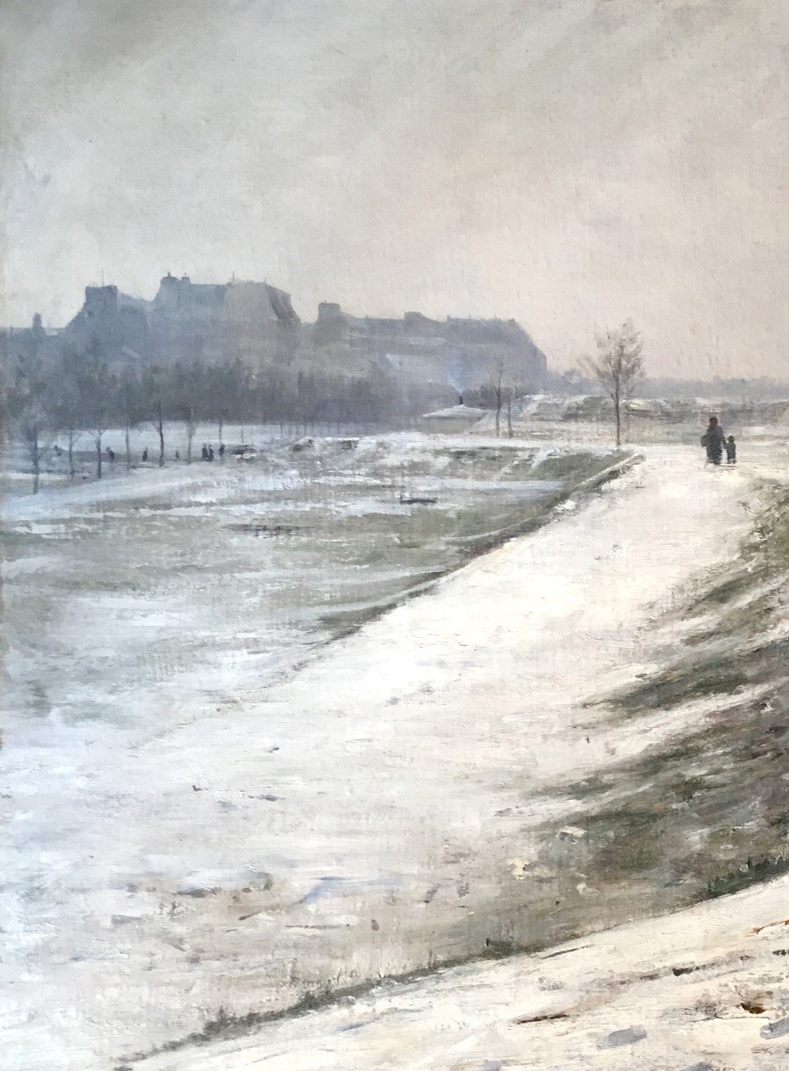 BILLOTTE René (1846-1914)"Paysage de neige aux alentours de Paris" Huile/toile, Signé,Cadre 19e-photo-2