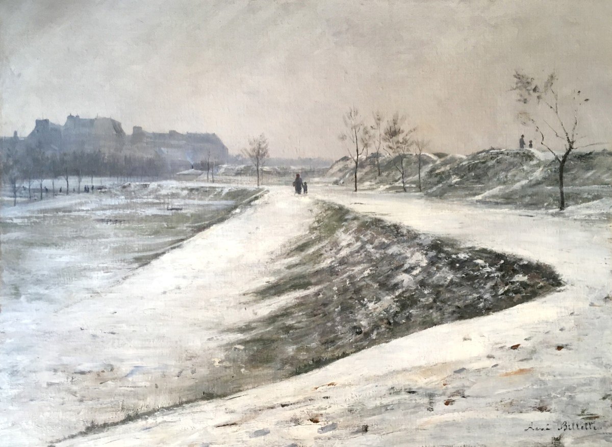 BILLOTTE René (1846-1914)"Paysage de neige aux alentours de Paris" Huile/toile, Signé,Cadre 19e