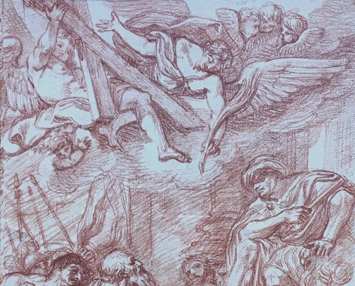 ANGO Jean-Robert (1710-1773) "Scène religieuse" Dessin au crayon sanguine, Cadre d'époque 18e-photo-3