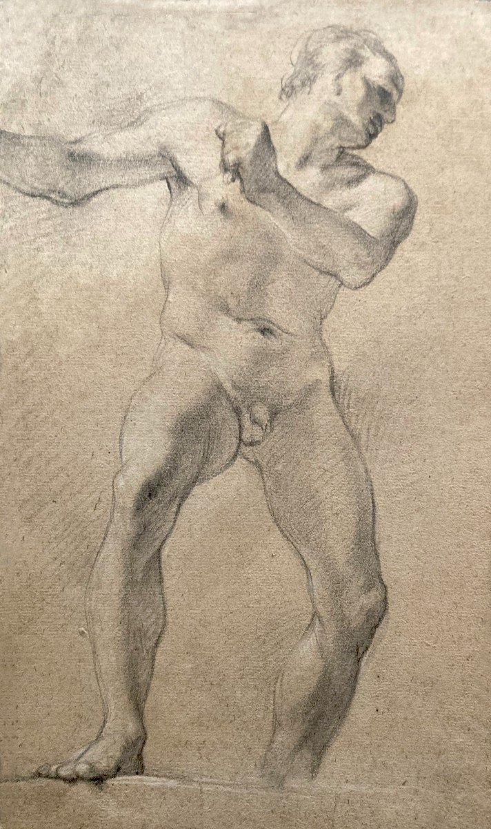 Italian School Late 17th-early 18th "man's Academy" Drawing /black Chalk And White Chalk