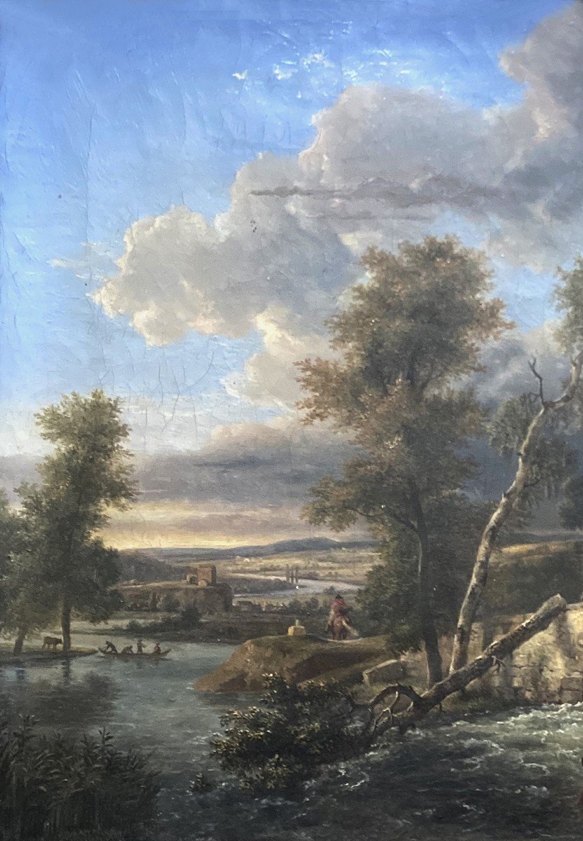 De Marne Jean-louis (1752-1829) Attr. To "animated Landscape" Oil/canvas, Beautiful Original Frame 1800-photo-2