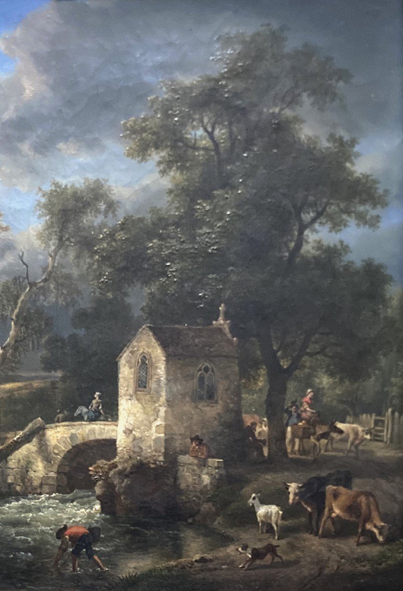 DE MARNE Jean-Louis (1752-1829) Attr. à "Paysage animé" Huile/toile, Beau cadre d'origine 1800-photo-3