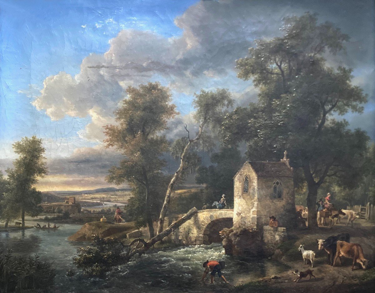 De Marne Jean-louis (1752-1829) Attr. To "animated Landscape" Oil/canvas, Beautiful Original Frame 1800