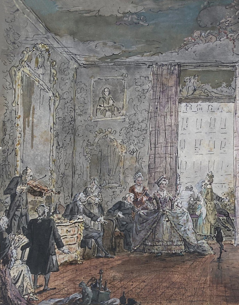LEJEUNE Nicolas (1750-1804) "Personnages à la villa Médicis" Dessin à la plume et aquarelle-photo-2