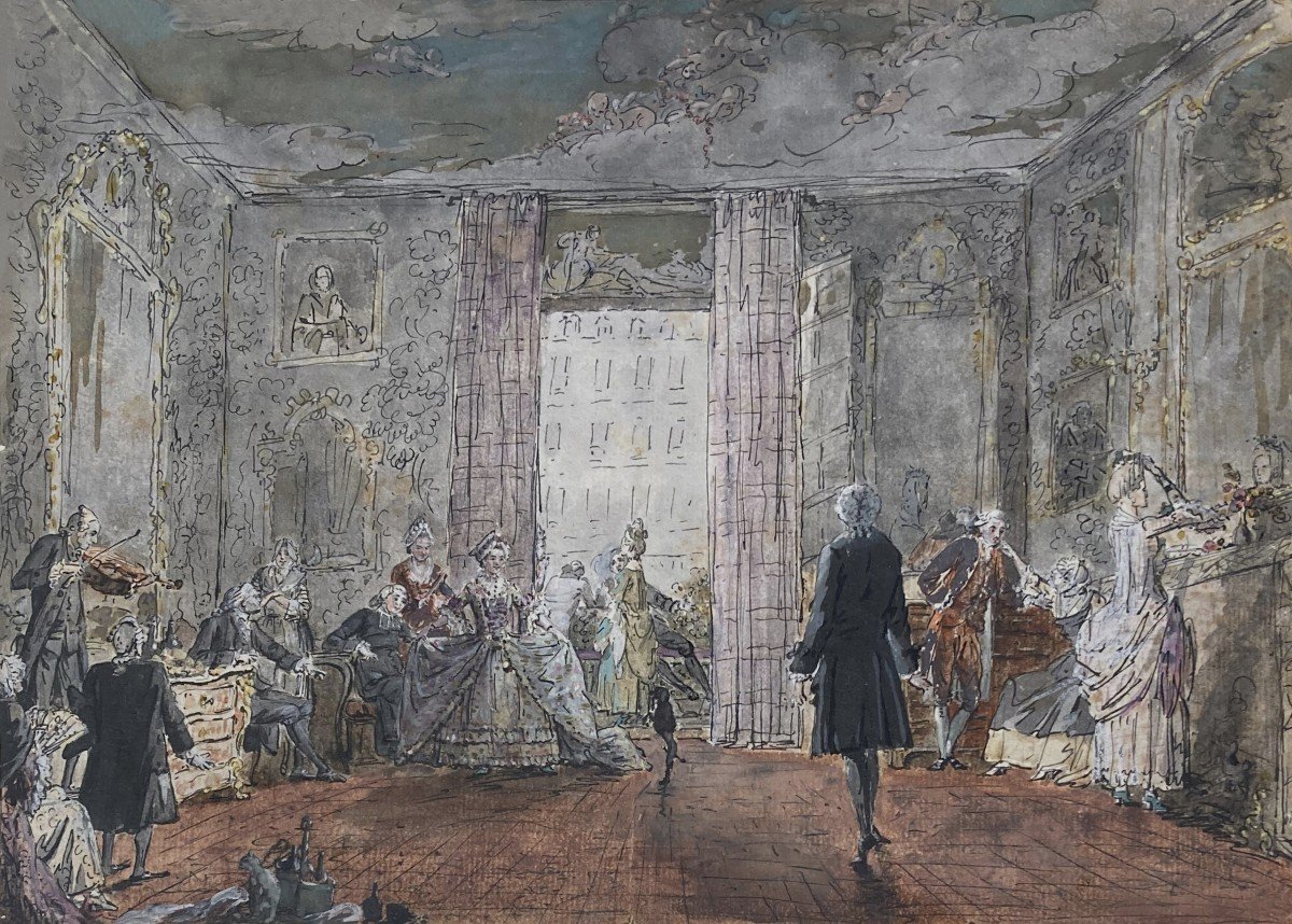 LEJEUNE Nicolas (1750-1804) "Personnages à la villa Médicis" Dessin à la plume et aquarelle