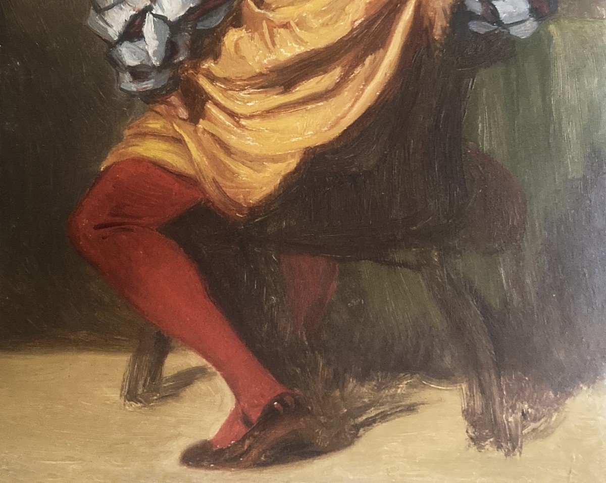 ECOLE FRANCAISE 19E SIECLE "Personnage de la Renaissance assis de dos" Huile sur papier-photo-3