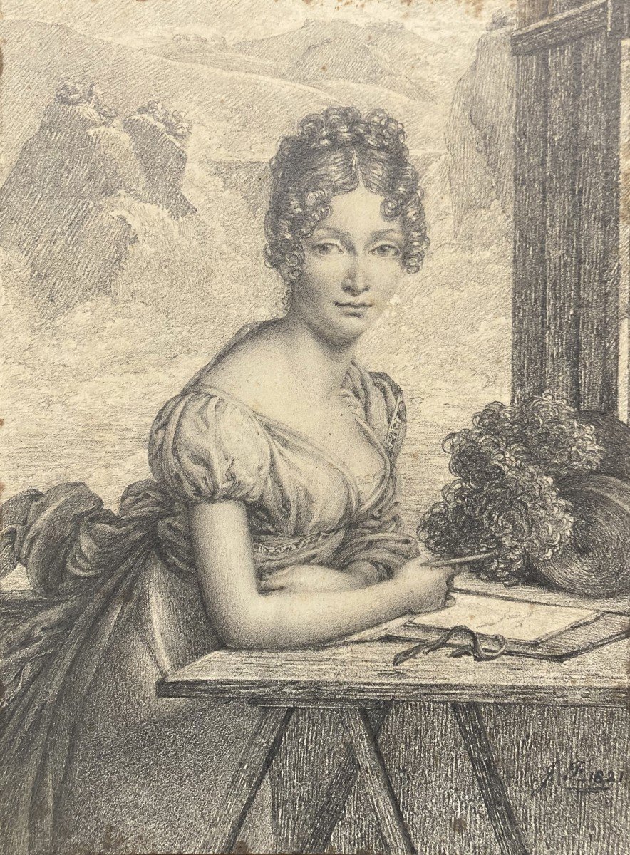 Franque Joseph (1774-1833) "presumed Portrait Of Queen Hortense" Drawing/black Pencil, Monogrammed-photo-2