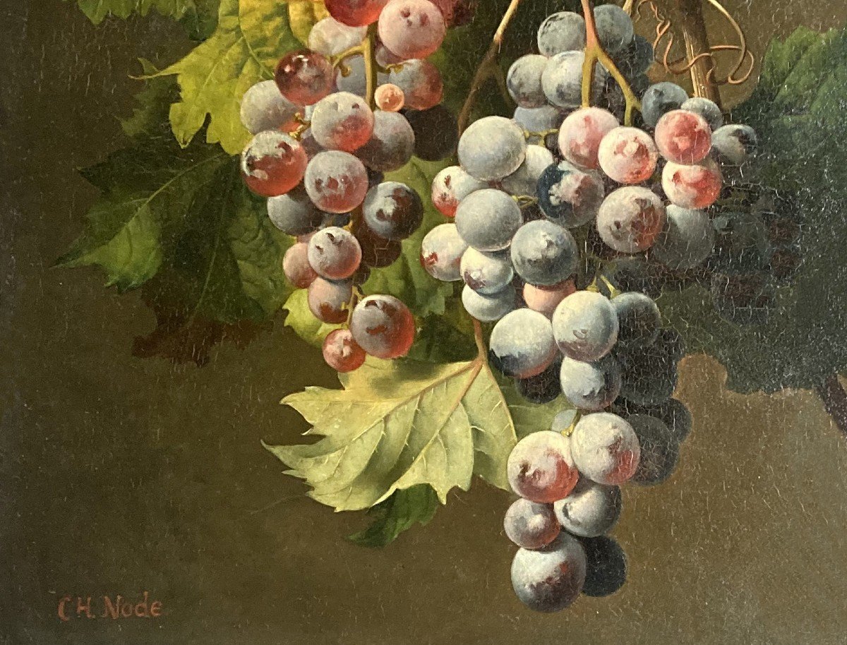 NODE Charles (1811-1886) "Nature morte aux raisins" Huile sur panneau, signé, Cadre 19e-photo-3