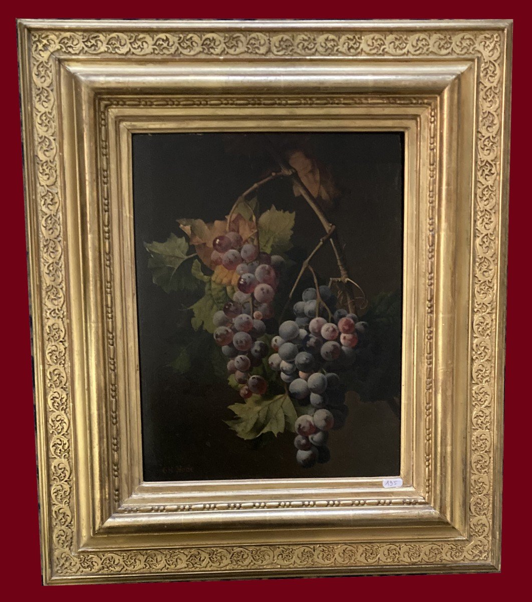 NODE Charles (1811-1886) "Nature morte aux raisins" Huile sur panneau, signé, Cadre 19e-photo-4