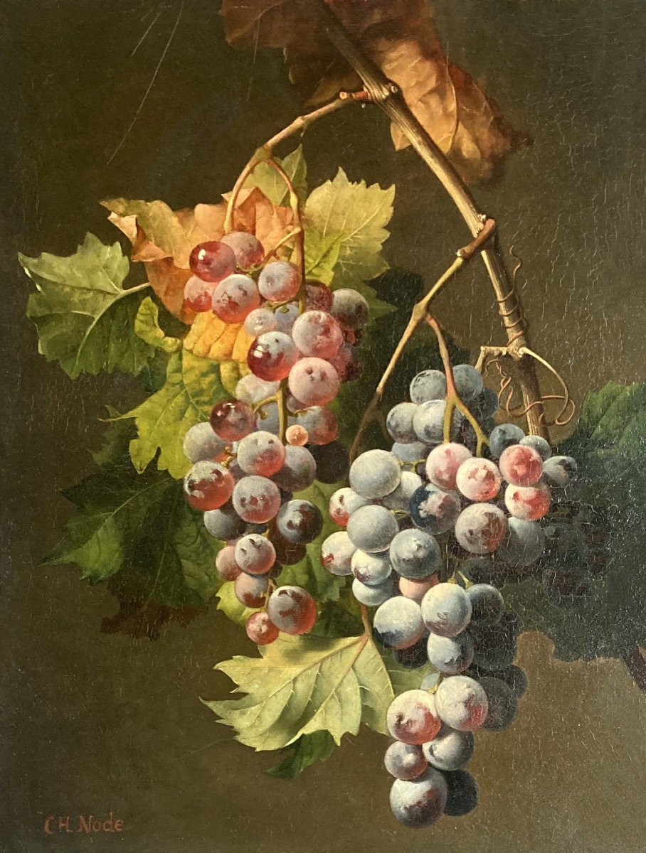 NODE Charles (1811-1886) "Nature morte aux raisins" Huile sur panneau, signé, Cadre 19e