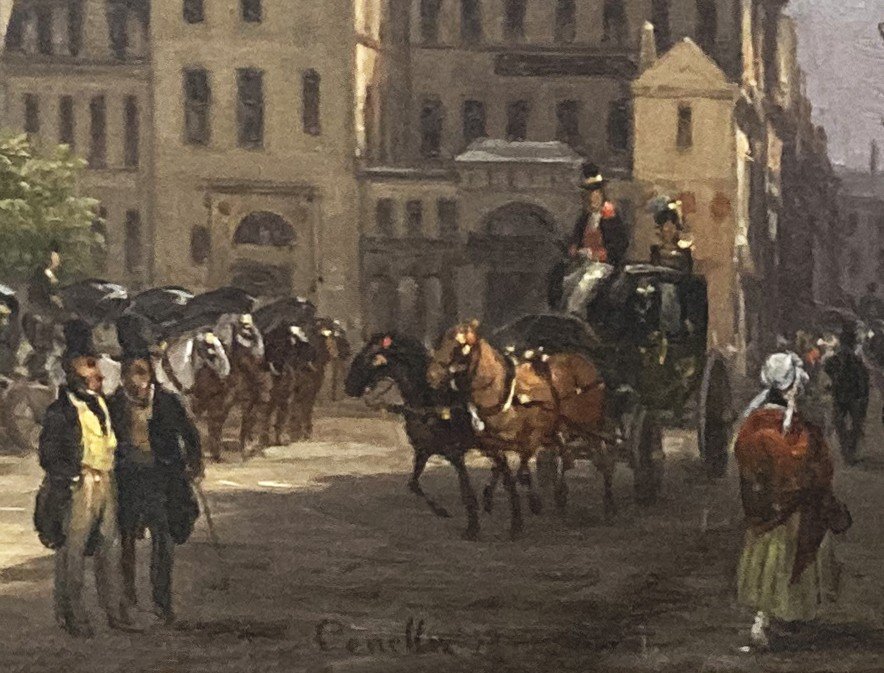 Canella Giuseppe (1788-1847) "place De La Bourse à Paris" Huile/cuivre, Signé, Son Cadre 1830-photo-2