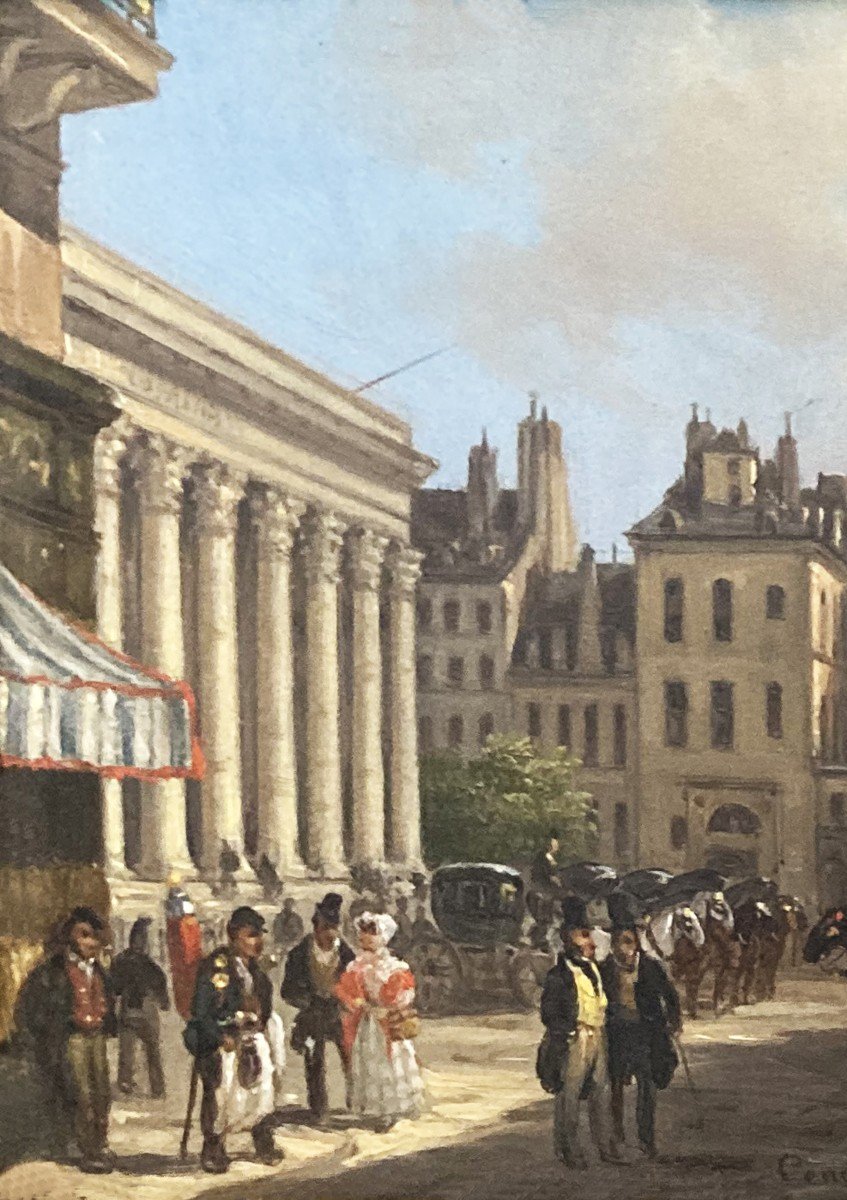 Canella Giuseppe (1788-1847) "place De La Bourse à Paris" Huile/cuivre, Signé, Son Cadre 1830-photo-3