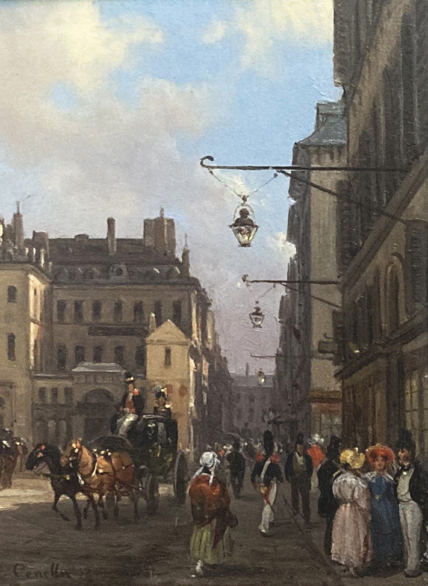 Canella Giuseppe (1788-1847) "place De La Bourse à Paris" Huile/cuivre, Signé, Son Cadre 1830-photo-4
