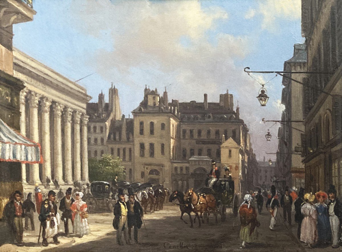 Canella Giuseppe (1788-1847) "place De La Bourse à Paris" Huile/cuivre, Signé, Son Cadre 1830