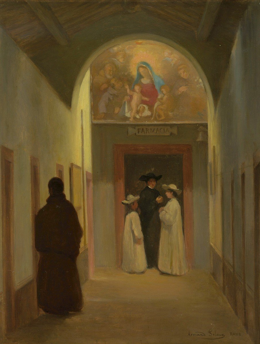 LELEUX Armand (1818-1895) Elève d'INGRES "Intérieur d'un couvent" Huile/panneau, signé et situé