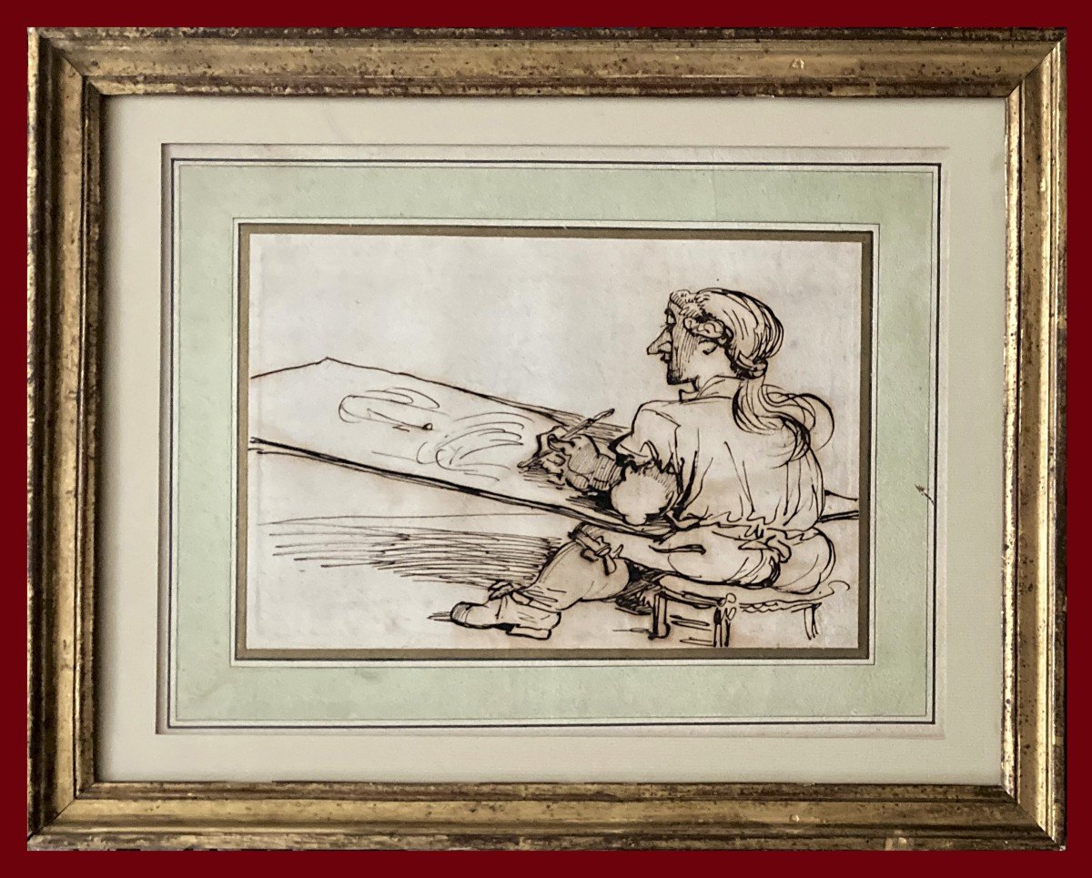 Vincent François-andré (1746-1816) "the Artist Drawing" Pen Drawing, Late 18th Century Frame