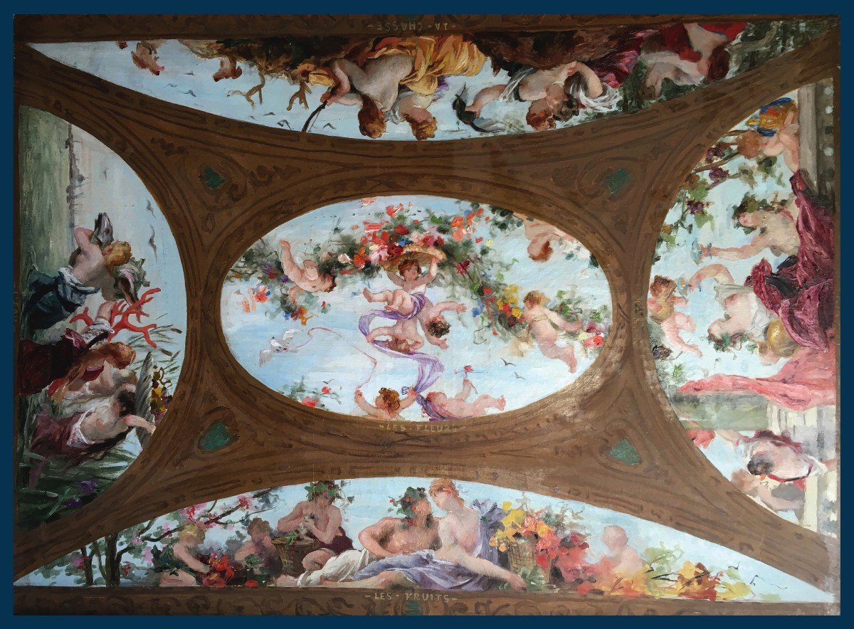 Ferrier Gabriel (1847-1914) "ceiling Project" Oil On Canvas, Stamp, Provenance, 19th Century Frame