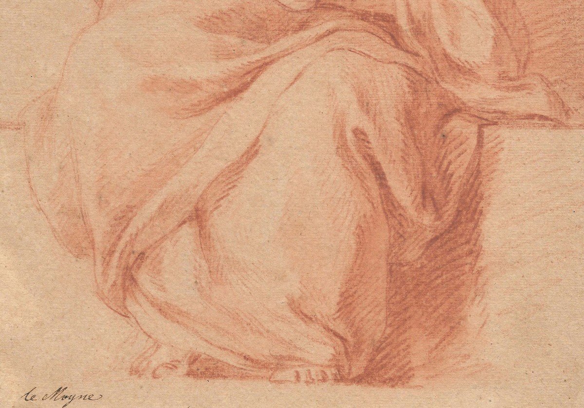 LEMOYNE François (1688-1737) "Personnage drapé assis" Dessin au crayon sanguine, annoté-photo-3