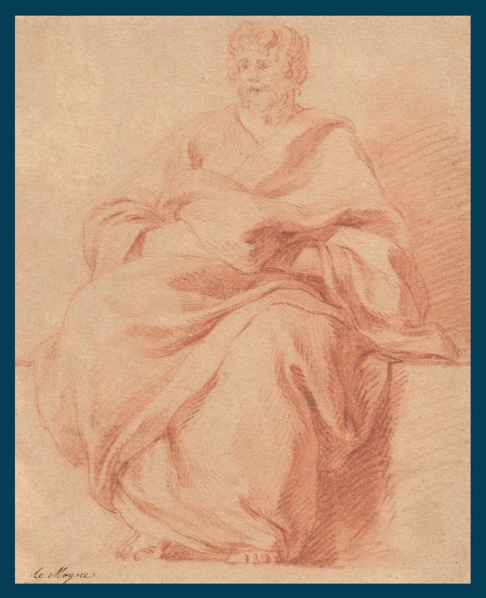 LEMOYNE François (1688-1737) "Personnage drapé assis" Dessin au crayon sanguine, annoté