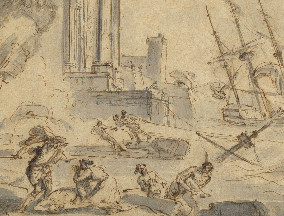 Lallemand Jean-baptiste (1716-1803) "seaside Landscape" Pen And Gray Wash Drawing-photo-4
