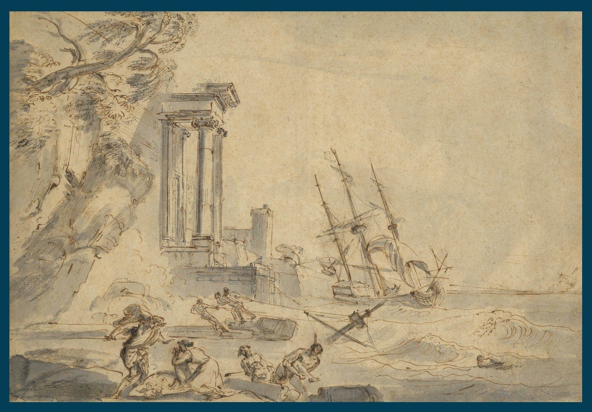 Lallemand Jean-baptiste (1716-1803) "seaside Landscape" Pen And Gray Wash Drawing