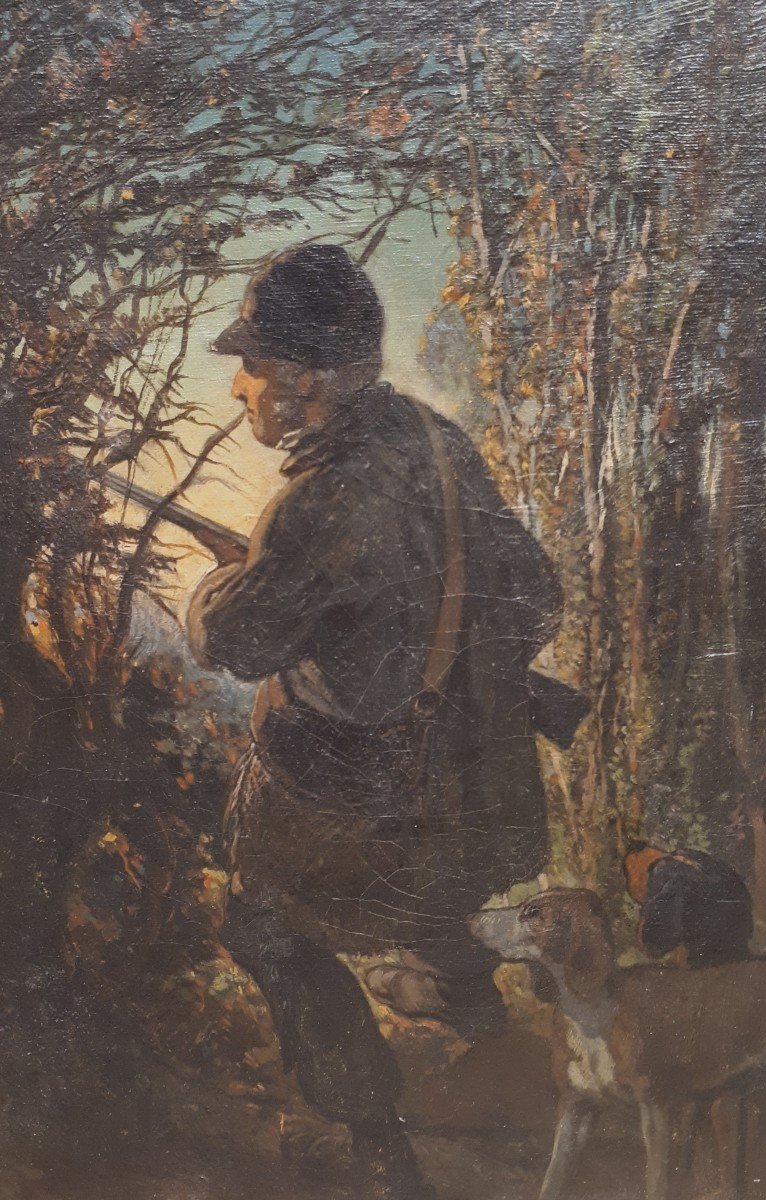 Gabé Edward (1814-1865) "Un chasseur et ses chiens" Huile sur toile, Monogrammé-photo-2