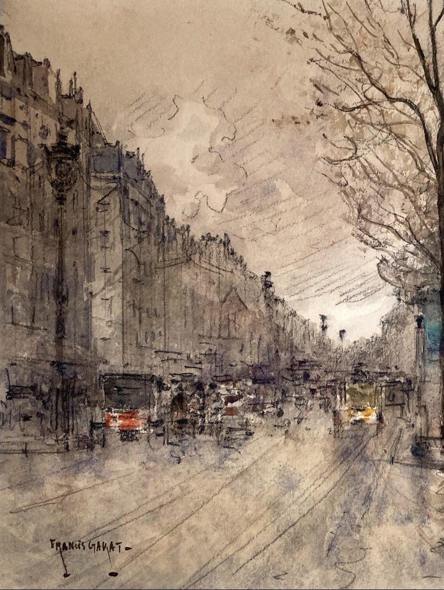 GARAT Francis (Né en 1853) 19e siècle "Boulevard de Paris" Dessin/Aquarelle,crayon noir, signé-photo-2