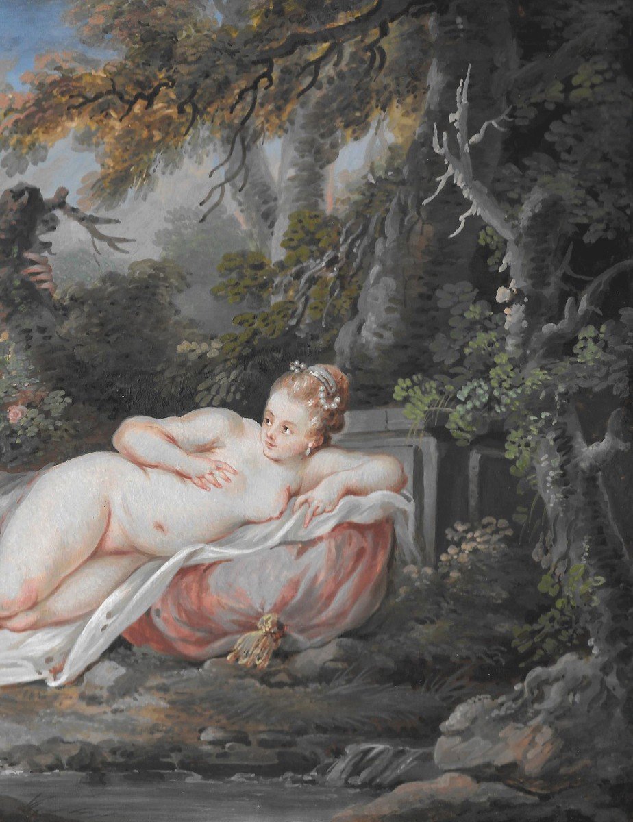 Jacques CHARLIER (1706-1790), élève de François BOUCHER "Nymphe et satyre" Gouache, Cadre 19e-photo-3