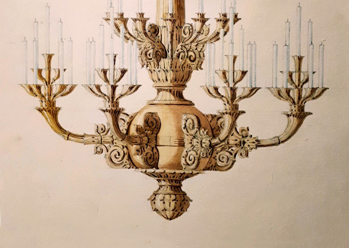 Dardel René (1796-1871) Architect "chandelier Project" Drawing In Black Pencil And Watercolor-photo-2