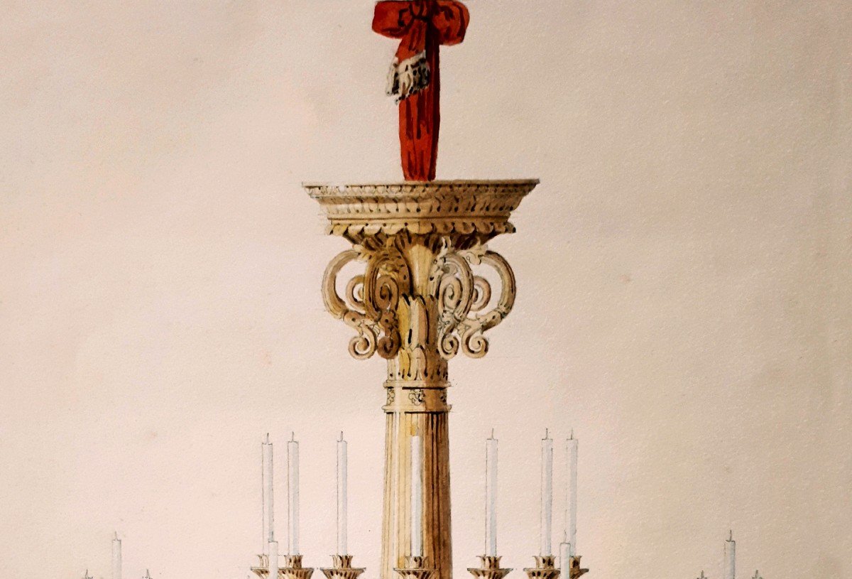 DARDEL René (1796-1871) Architecte "Projet de lustre" Dessin au crayon noir et aquarelle-photo-3