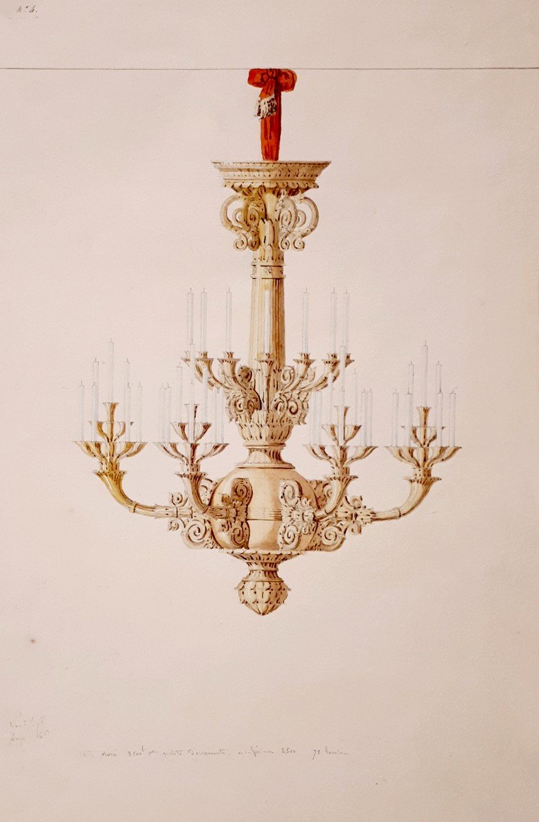DARDEL René (1796-1871) Architecte "Projet de lustre" Dessin au crayon noir et aquarelle-photo-4