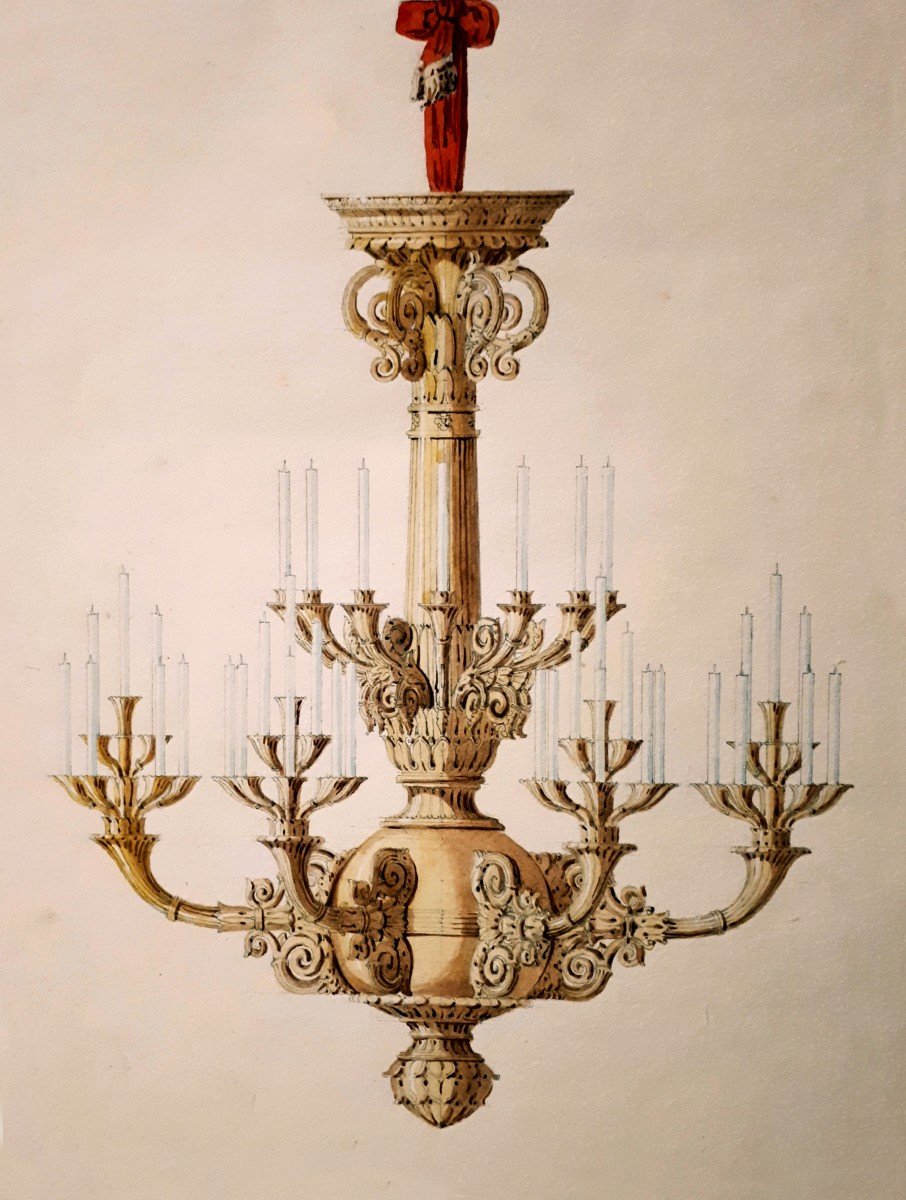 DARDEL René (1796-1871) Architecte "Projet de lustre" Dessin au crayon noir et aquarelle