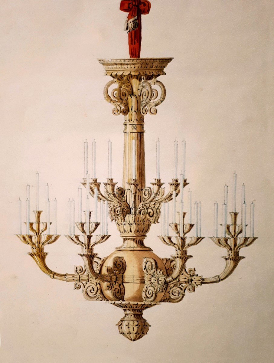 Dardel René (1796-1871) Architect "chandelier Project" Drawing In Black Pencil And Watercolor