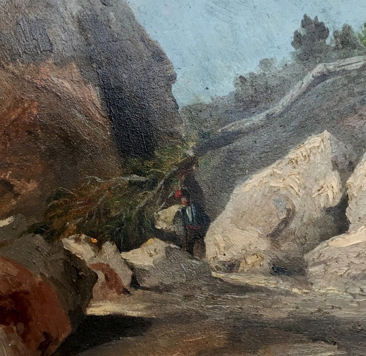 French School Circa 1840 "landscape With Rocks And Character" Oil On Paper-photo-4