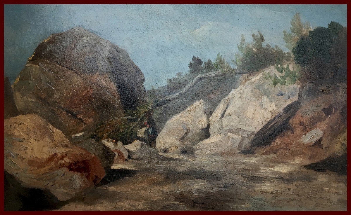 French School Circa 1840 "landscape With Rocks And Character" Oil On Paper