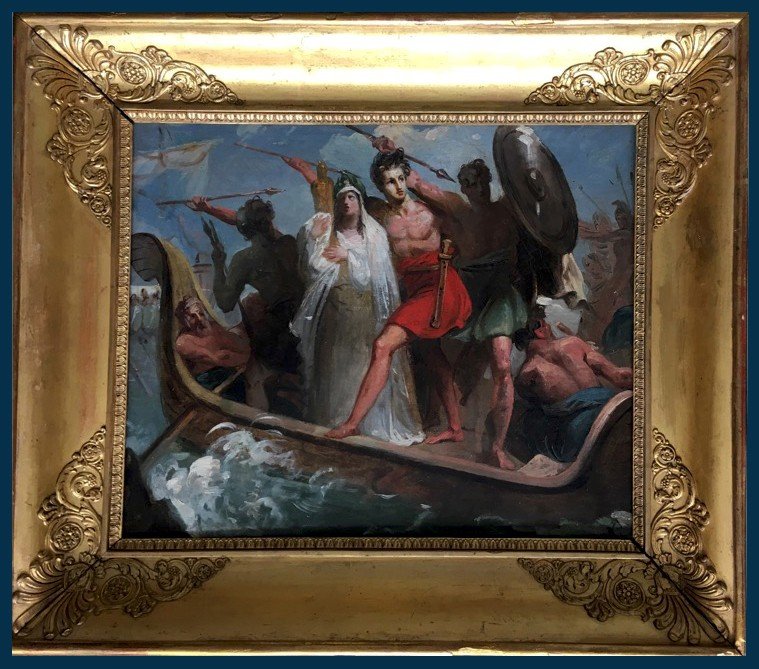 French School Early 19th "evacuation Of The Palladium & The Peplos" Oil/canvas, Its 19th Frame