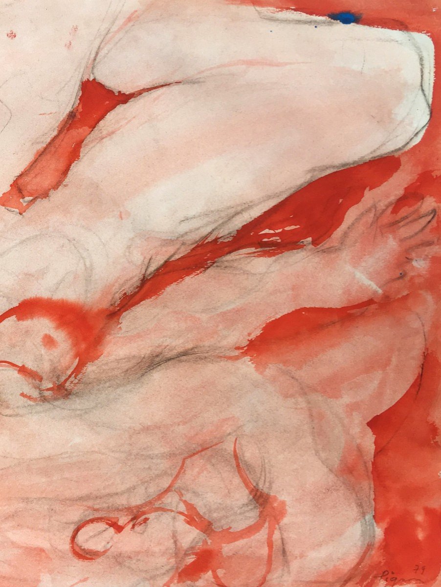 PIGNON Edouard (1905-1993) "Les deux nus roses" Dessin au crayon noir, aquarelle, signé et daté-photo-3