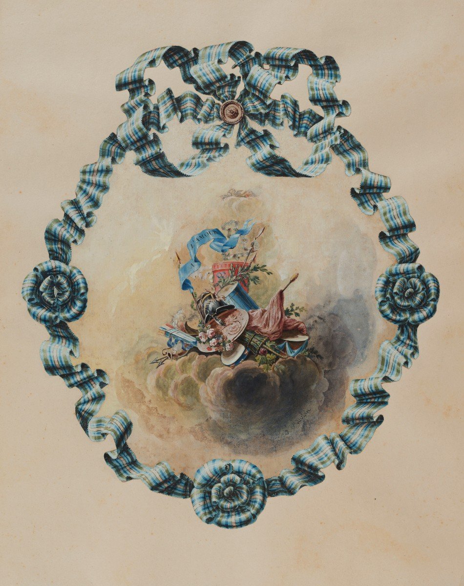 DE SAINT-AUBIN Charles Germain (1721-1786) "Projet de décoration, A l'Amour" Gouache, Signé