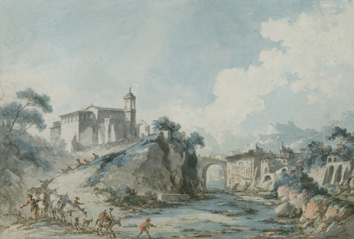 CHATELET Claude Louis (1753-1795) "Paysage d'Italie" Dessin à la plume et aquarelle, Cadre 19e-photo-2
