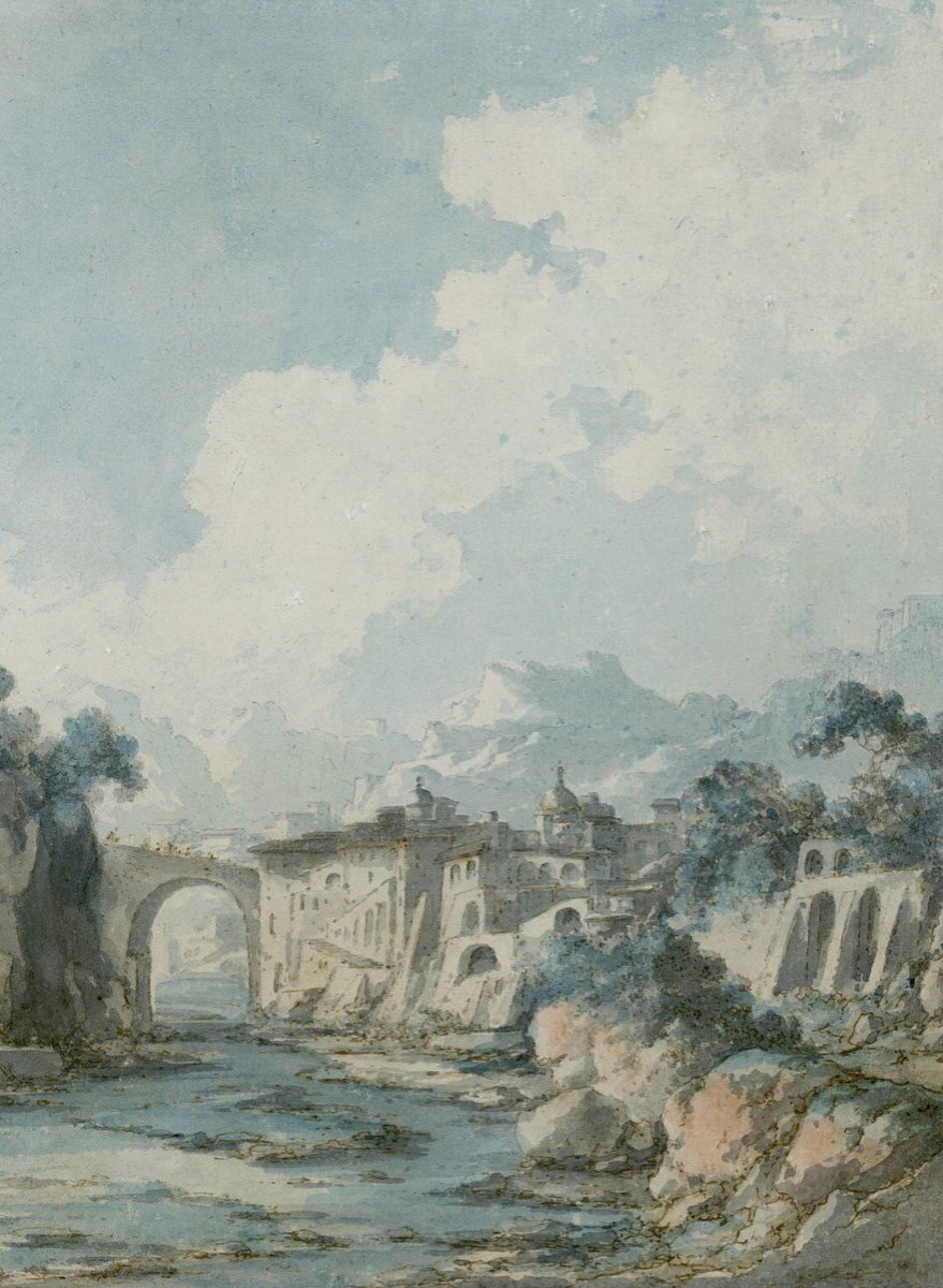 CHATELET Claude Louis (1753-1795) "Paysage d'Italie" Dessin à la plume et aquarelle, Cadre 19e-photo-4