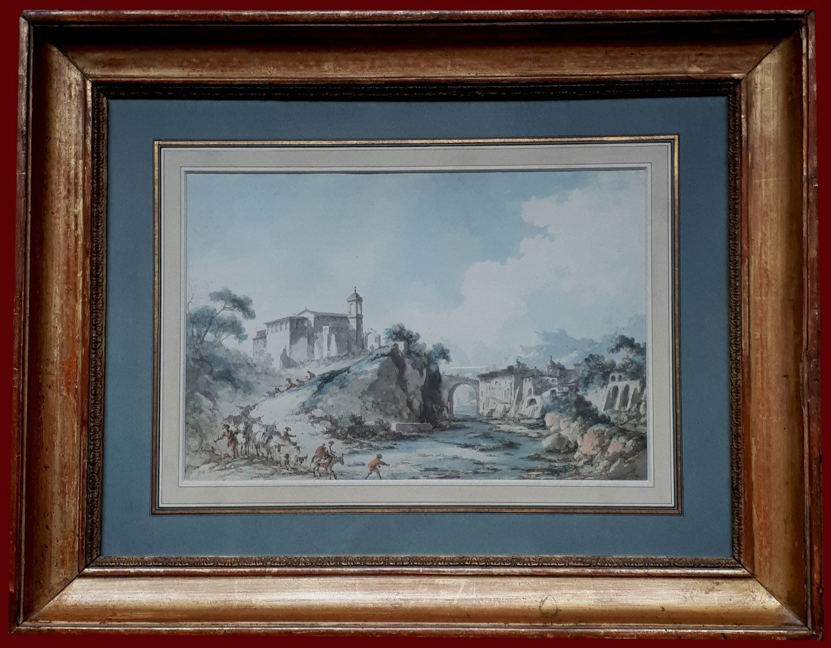 CHATELET Claude Louis (1753-1795) "Paysage d'Italie" Dessin à la plume et aquarelle, Cadre 19e
