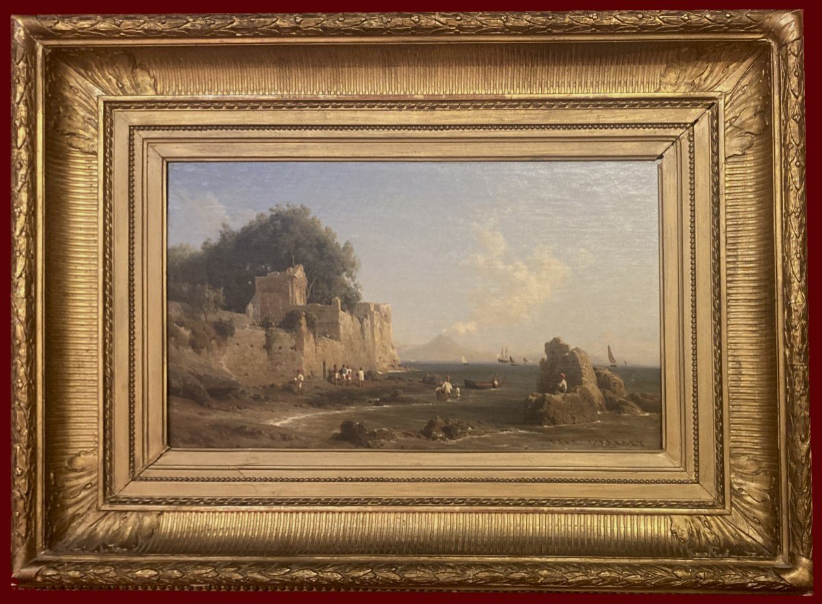 GIRARDET Karl (1813-1871) "Paysage italien avec le Vésuve" Huile sur toile, Signé, Cadre du 19e