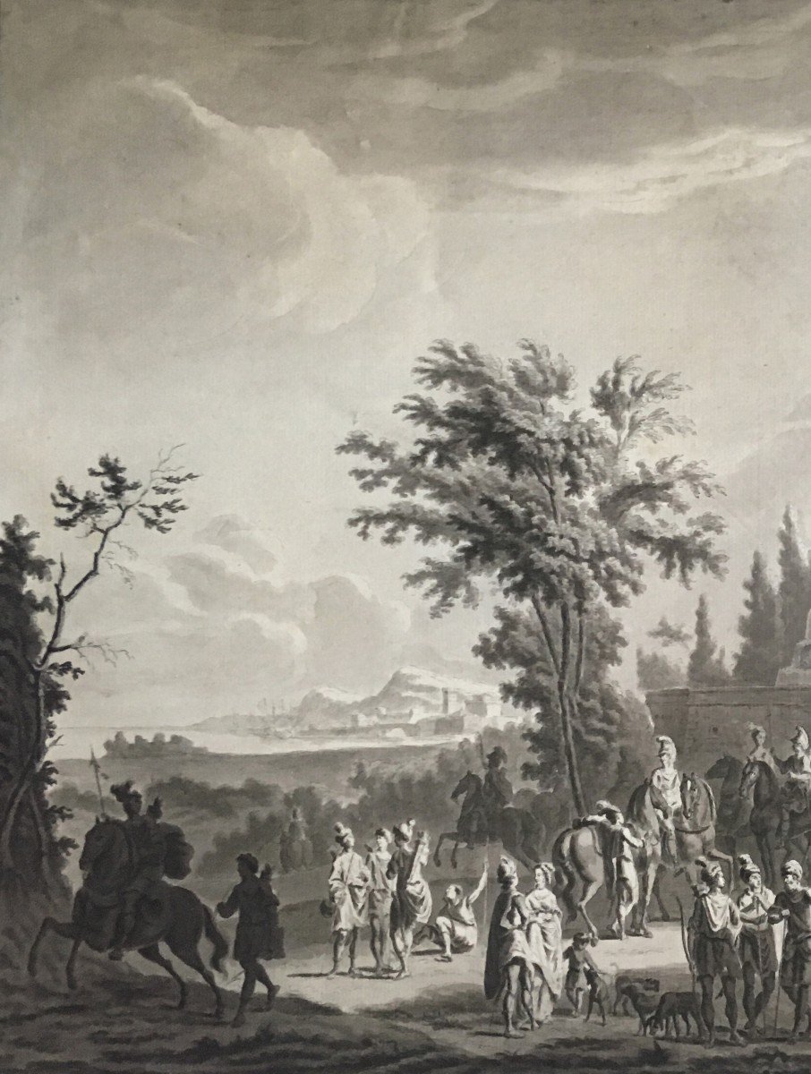 PARISOT Pierre-Alexandre (1750-1820)"Enée & Didon partant à la chasse" Dessin/Plume,lavis,signé-photo-2