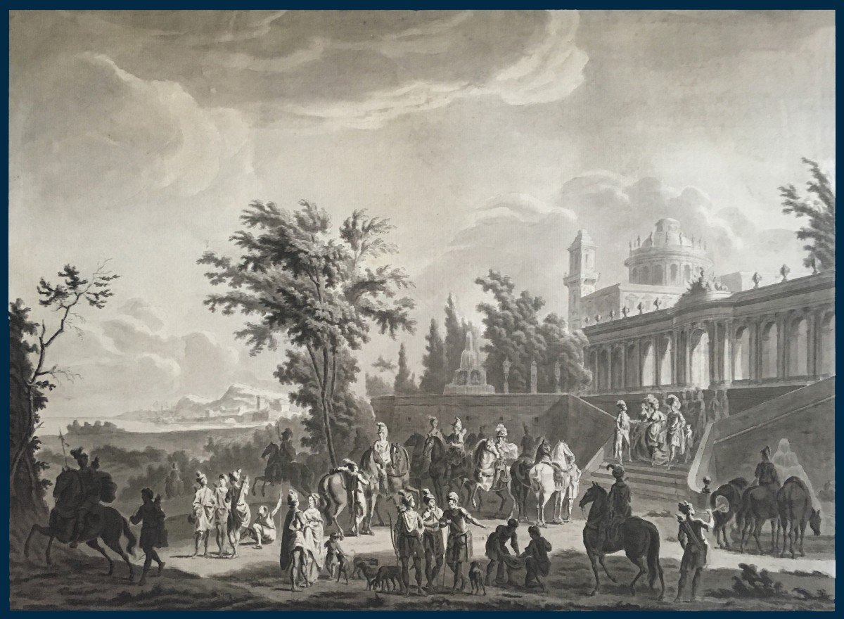 PARISOT Pierre-Alexandre (1750-1820)"Enée & Didon partant à la chasse" Dessin/Plume,lavis,signé