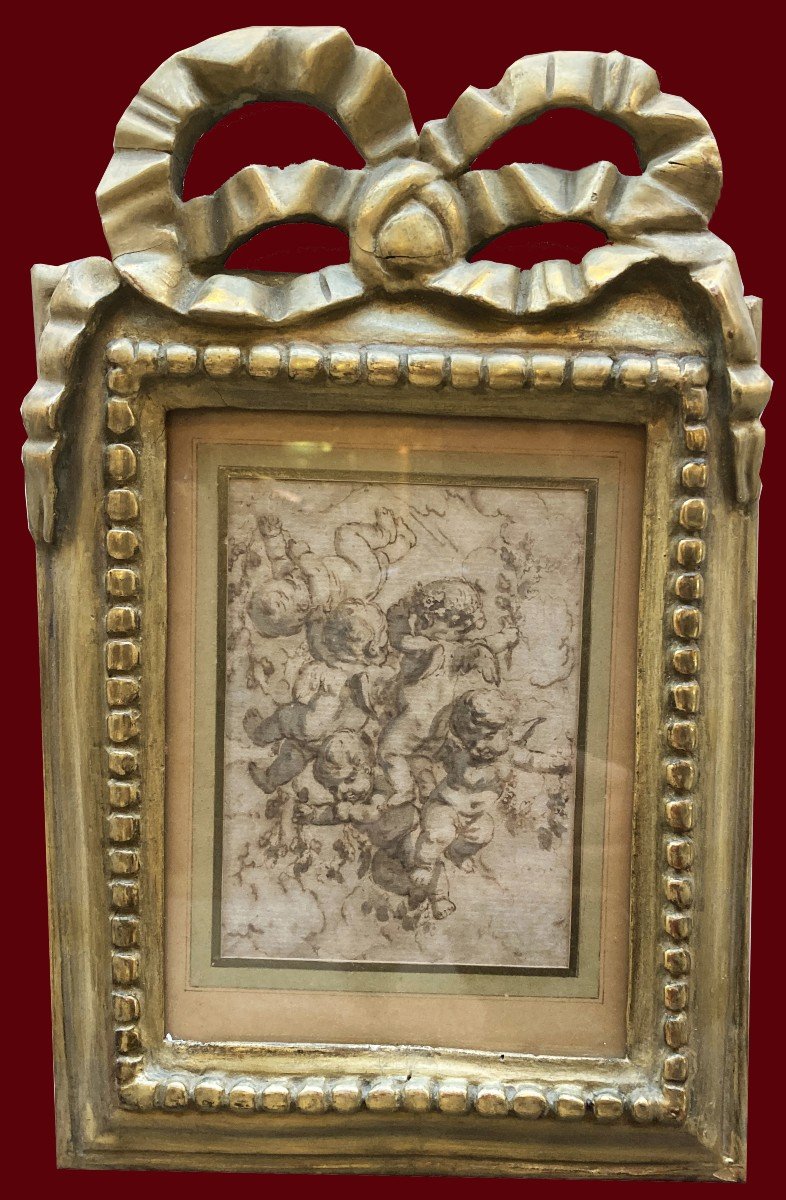 De La Rue Félix (1720-1777) "cherubs" Pair Of Drawings/pen, Gray Wash, Frame From 1st Part 19th-photo-2