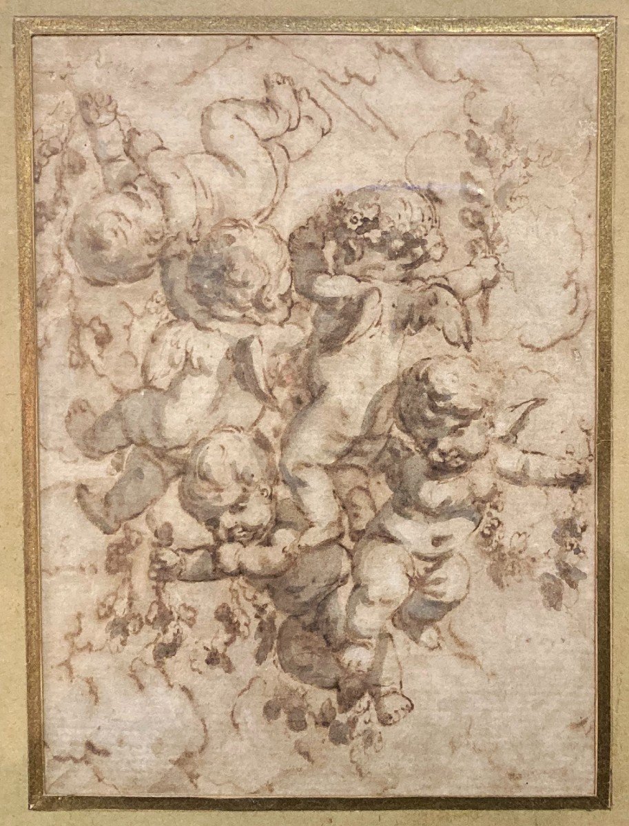 De La Rue Félix (1720-1777) "cherubs" Pair Of Drawings/pen, Gray Wash, Frame From 1st Part 19th-photo-3