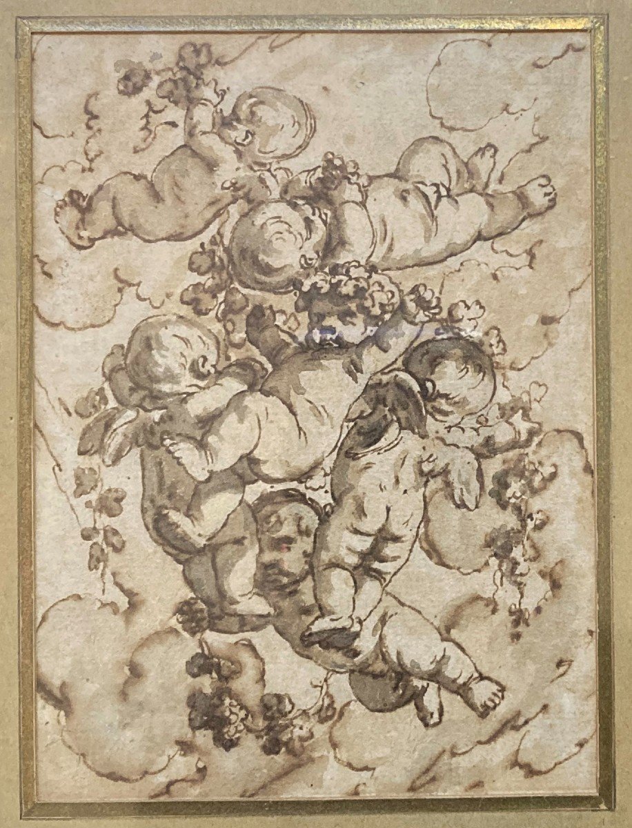 De La Rue Félix (1720-1777) "cherubs" Pair Of Drawings/pen, Gray Wash, Frame From 1st Part 19th-photo-4