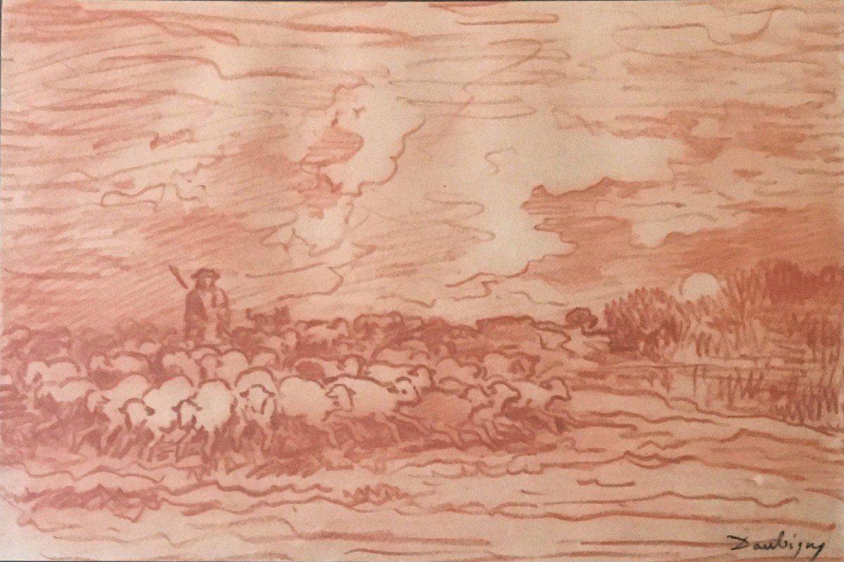 DAUBIGNY Charles François (1817-1878) "Paysage berger et moutons" Dessin/Crayon sanguine, Signé-photo-2