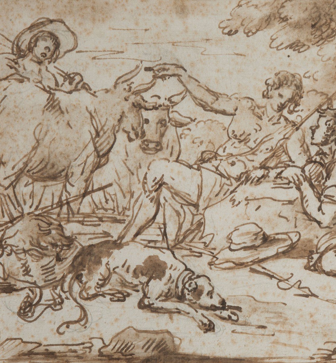 Italian School 17th Century "shepherds And Their Flock" Drawing/black Chalk, Pen And Brown Wash-photo-2