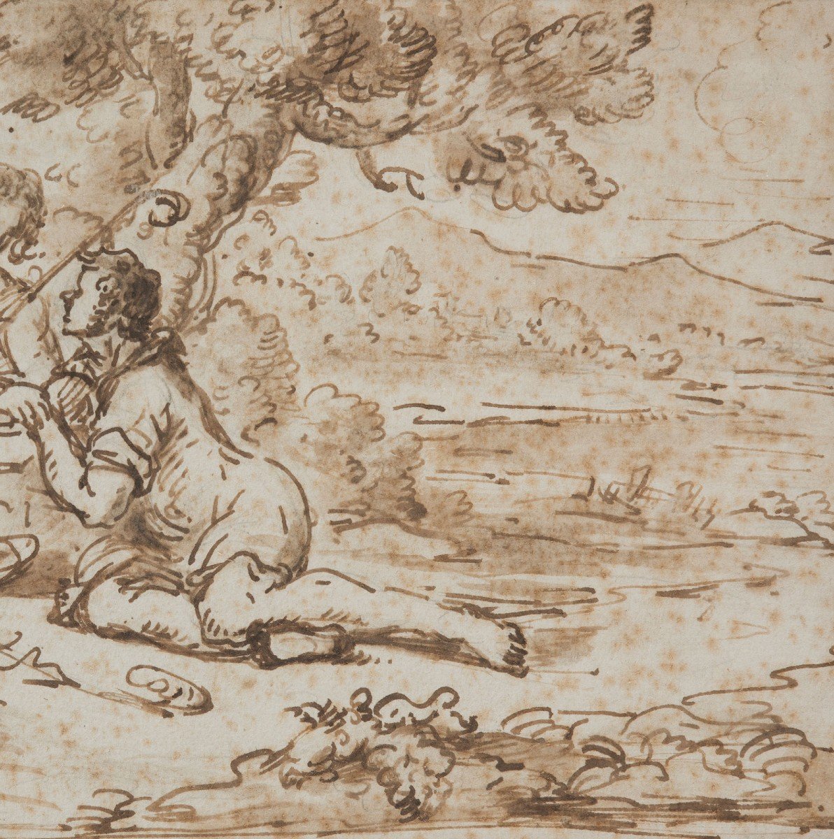 Italian School 17th Century "shepherds And Their Flock" Drawing/black Chalk, Pen And Brown Wash-photo-3